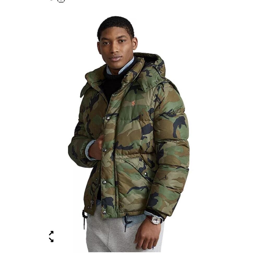 Polo Ralph Lauren Camo Down Fill Puffer Hood Detaches Orange Pony Large NEW